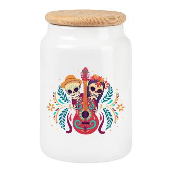 Dia de los Muertos Guitar Skeleton Duo Outfit Top - Cookie Jar with Wooden Lid - white - Front