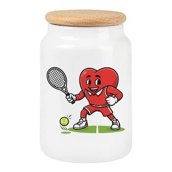 Heart-Shaped Tennis Mascot Playing Sports - Cookie Jar with Wooden Lid - white - Front