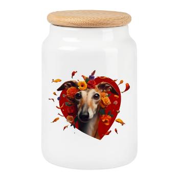 Galgo Mi Amor - Herzblumen Galgoportrait - Keksdose mit Holzdeckel - Weiß - Vorne