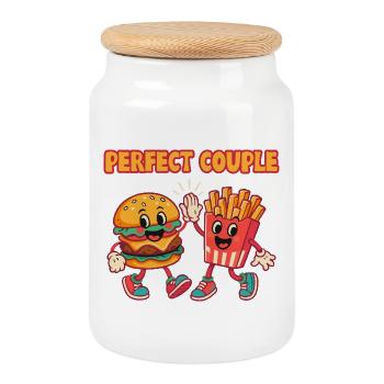 Perfect Couple Burger and Fries Fun Illustration - Cookie Jar with Wooden Lid - white - Front
