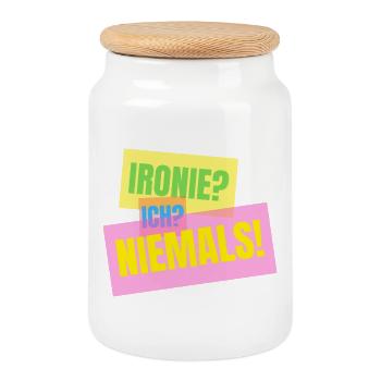 Irony? I? Never! – Funny saying - Cookie Jar with Wooden Lid - white - Front