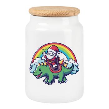 Dinosaur stegosaurus Santa Claus - Cookie Jar with Wooden Lid - white - Front