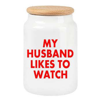 my husband likes to watch - Keksdose mit Holzdeckel - Weiß - Vorne