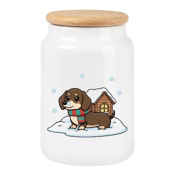 Dachshund in the snow - Cookie Jar with Wooden Lid - white - Front