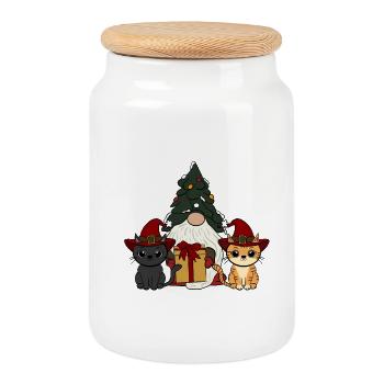 Chat avec gnome - Boîte à biscuits avec couvercle en bois - blanc - Devant