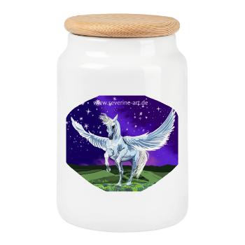 White Pegasus at night in front of a starry sky - Cookie Jar with Wooden Lid - white - Front