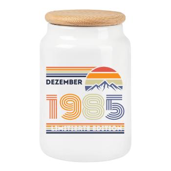 Vintage Birthday – December 1985 - Cookie Jar with Wooden Lid - white - Front