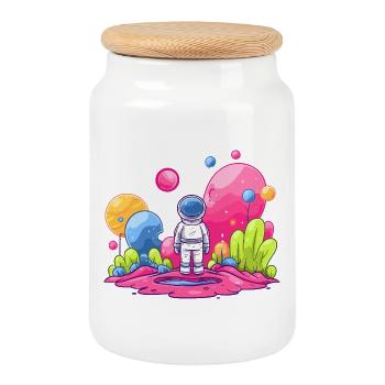 Astronaut in pink space - Cookie Jar with Wooden Lid - white - Front