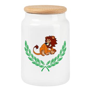 Couronne Lion en laurier vert – Félicitations - Boîte à biscuits avec couvercle en bois - blanc - Devant