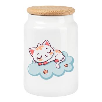 Sleeping Kitten on Soft Cloud - Cookie Jar with Wooden Lid - white - Front