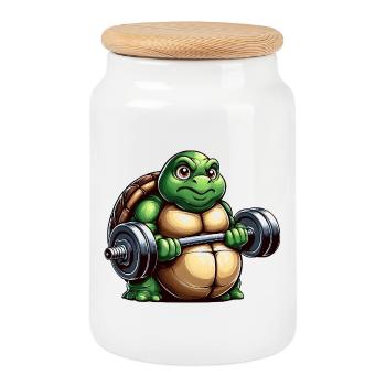 Grimmige Schildkröte Hantel Training Workout - Keksdose mit Holzdeckel - Weiß - Vorne