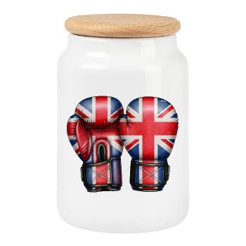 England English Boxing Gloves British Flag - Cookie Jar with Wooden Lid - white - Front
