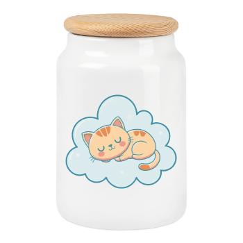 Dreamy kitten on pastel sky blue cloud - Cookie Jar with Wooden Lid - white - Front