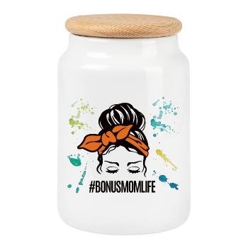Bonusmomlife Best Bonus Mom Stepmom - Cookie Jar with Wooden Lid - white - Front