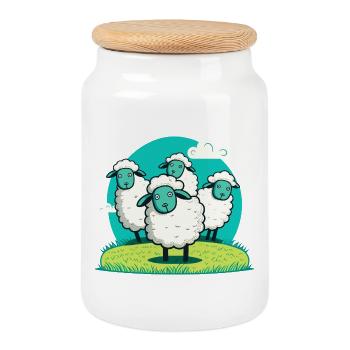 Cartoon lamb on grass round - Cookie Jar with Wooden Lid - white - Front