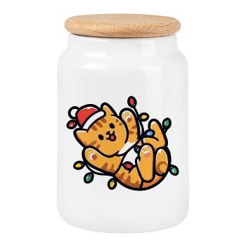 Kawaii Katze Lichterkette Weihnachten - Keksdose mit Holzdeckel - Weiß - Vorne