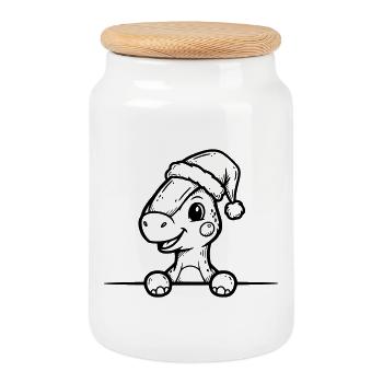 Niedlicher Dino mit Weihnachtsmütze – Cartoon Stil - Keksdose mit Holzdeckel - Weiß - Vorne