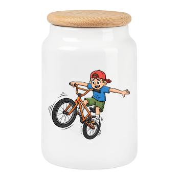 BMX Junge Cartoon Fahrrad Stunt - Keksdose mit Holzdeckel - Weiß - Vorne