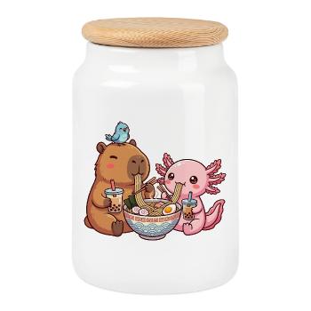 Kawaii Capybara Axolotl Ramen Bubble Tea - Cookie Jar with Wooden Lid - white - Front