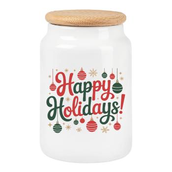 Happy Holidays Ornament-Skript - Keksdose mit Holzdeckel - Weiß - Vorne