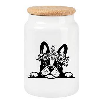 Bouledogue français - Boîte à biscuits avec couvercle en bois - blanc - Devant