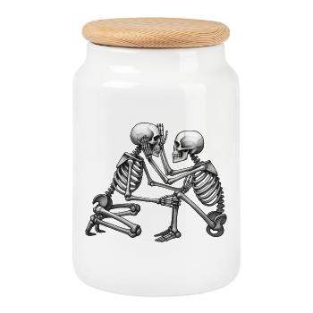 SKELETONS IN LOVE #4 - black & white - Cookie Jar with Wooden Lid - white - Front