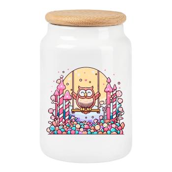 Zuckersüßer Eulen-Swing im Candyland - Keksdose mit Holzdeckel - Weiß - Vorne