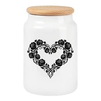 Rosen Herz Ornament – Romantisches Floral Design - Keksdose mit Holzdeckel - Weiß - Vorne