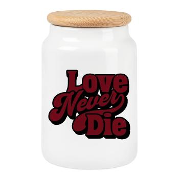 Love Never Die – Vintage Script Statement - Keksdose mit Holzdeckel - Weiß - Vorne