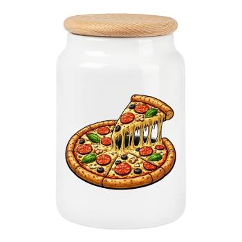 Pizza Motif - Cookie Jar with Wooden Lid - white - Front