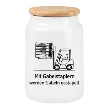 gabelstapler wortwitz gabel stapeln - Keksdose mit Holzdeckel - Weiß - Vorne
