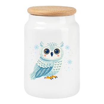 Winter Owl in Snowflakes - Cookie Jar with Wooden Lid - white - Front