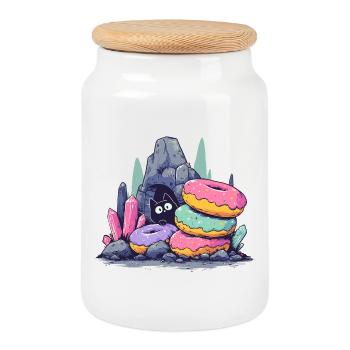 Cat Treasure in Donut Crystal Cave - Cookie Jar with Wooden Lid - white - Front
