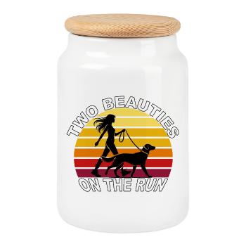 Two Beauties on the Run Dog Retro Design - Cookie Jar with Wooden Lid - white - Front