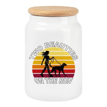 Two Beauties on the Run Dog Retro Design - Cookie Jar with Wooden Lid - white - Front