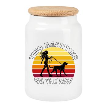 Two Beauties on the Run Dog Retro Design - Cookie Jar with Wooden Lid - white - Front
