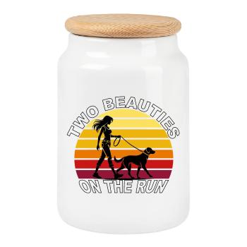 Two Beauties on the Run Dog Retro Design - Cookie Jar with Wooden Lid - white - Front