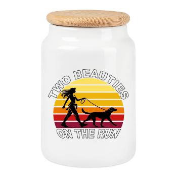 Two Beauties on the Run Dog Retro Design - Cookie Jar with Wooden Lid - white - Front