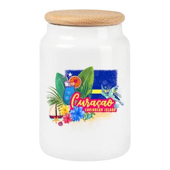 Curaçao Vintage Caribbean Souvenir with Turtle - Cookie Jar with Wooden Lid - white - Front