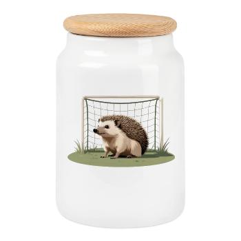 Hérisson devant le but sur un terrain de football - Boîte à biscuits avec couvercle en bois - blanc - Devant
