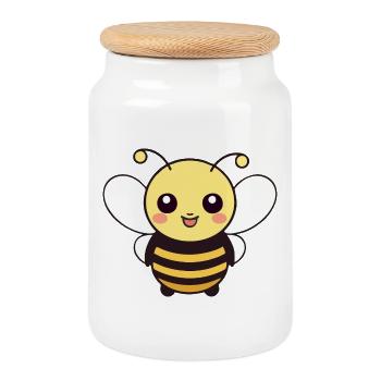 Kawaii Honeybee Cartoon - Cookie Jar with Wooden Lid - white - Front