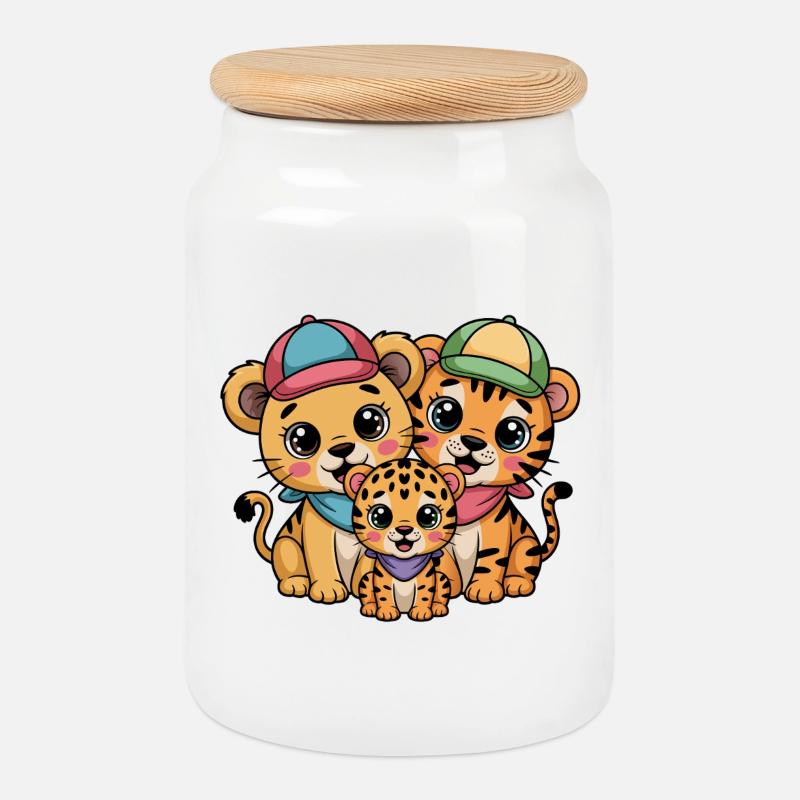 Amis Lion Tigre-Léopard mignons – Papillon animal drôle - Boîte à biscuits avec couvercle en bois - blanc
