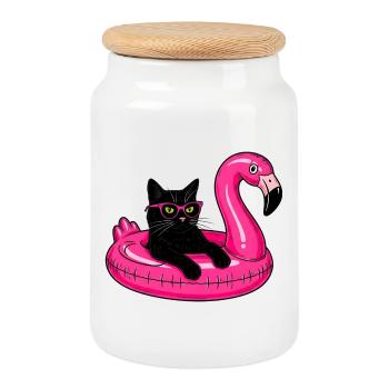 Gros Chat sur une Flotte de Flamant Rose - Boîte à biscuits avec couvercle en bois - blanc - Devant