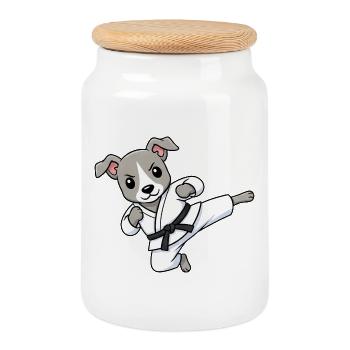Cute Greyhound Karate Martial Arts Cartoon Chibi - Cookie Jar with Wooden Lid - white - Front
