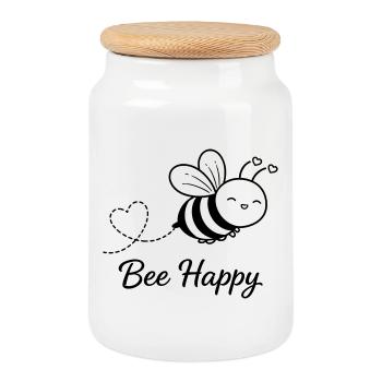 Bee Happy – Cute Bee with Heart | Positive nature - Cookie Jar with Wooden Lid - white - Front