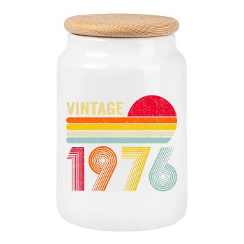 Vintage 1976 50th Birthday - Cookie Jar with Wooden Lid - white - Front