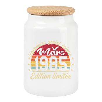 March 1985 41 Years Birthday Gift March 1985 - Cookie Jar with Wooden Lid - white - Front