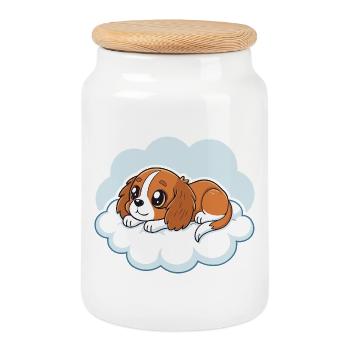 Chiot Cavalier King Charles rêveur sur un nuage - Boîte à biscuits avec couvercle en bois - blanc - Devant