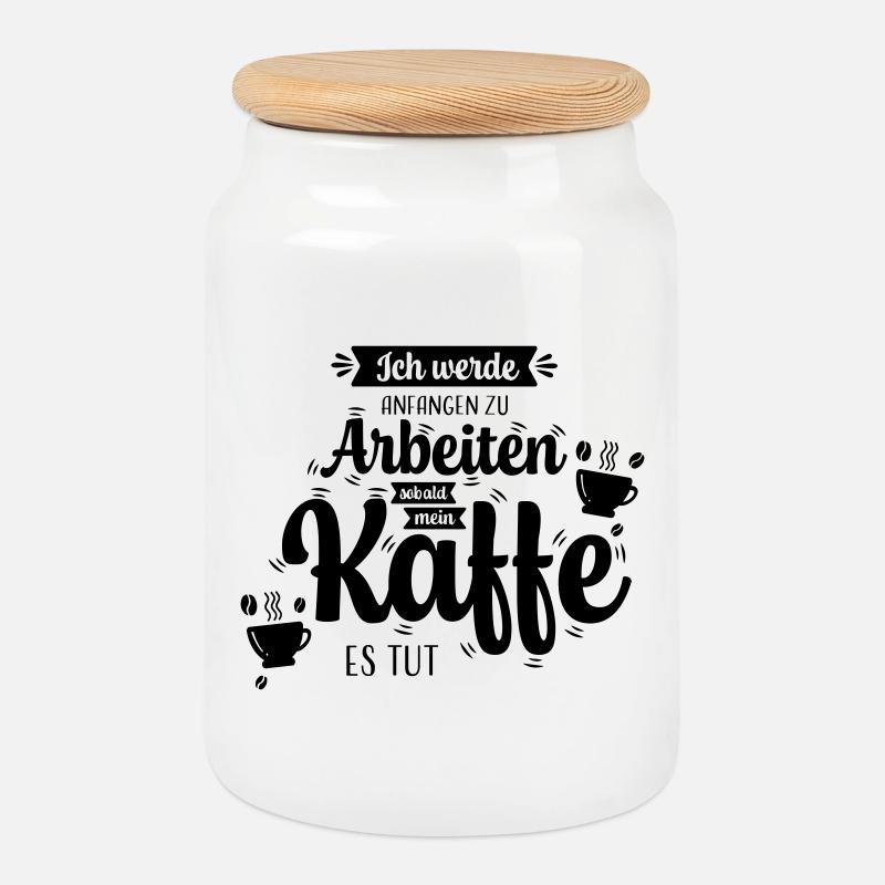 Kaffee_Spruch - Cookie Jar with Wooden Lid - white