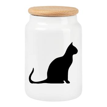 black cat cat black cats silhouettes - Cookie Jar with Wooden Lid - white - Front